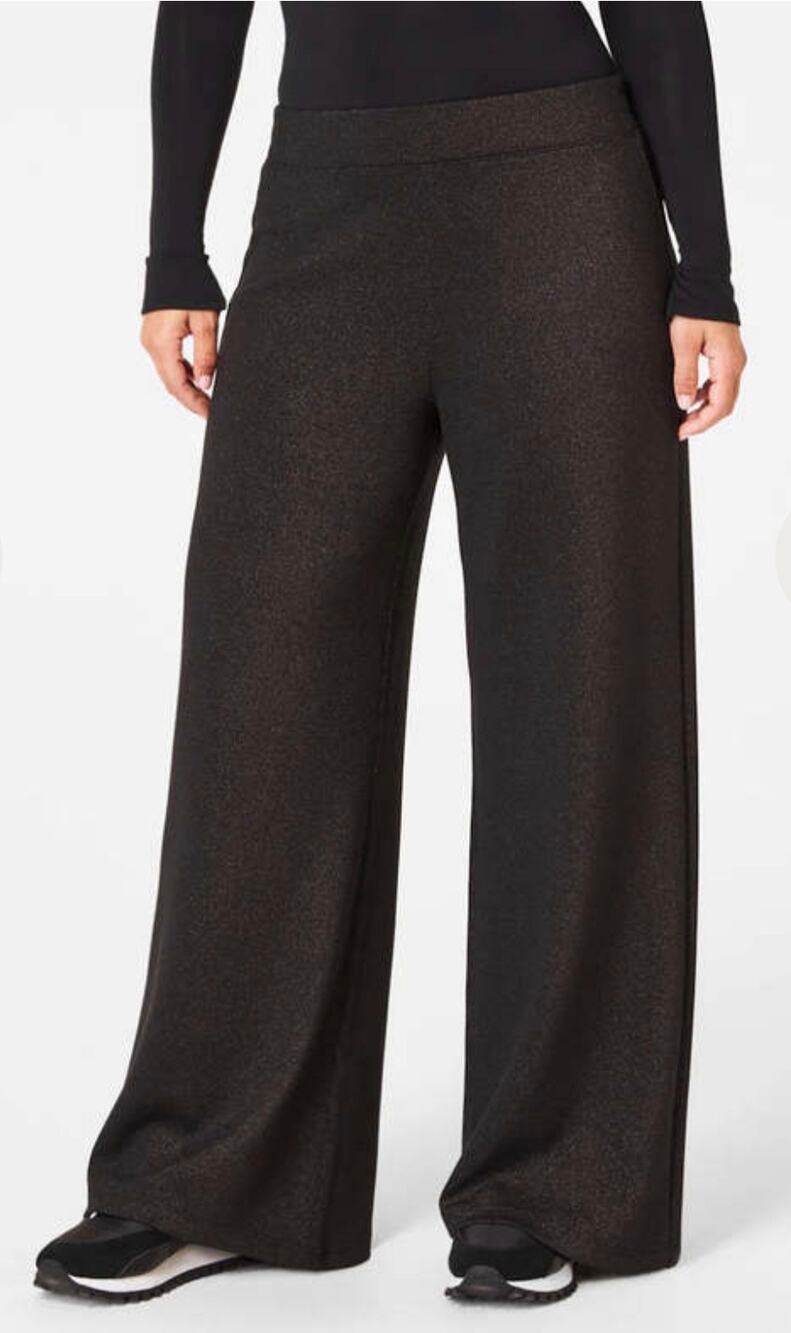 SPANX Women Air-essentials Shine Wide Leg Pant Stretch Black Gunmetal Shimmer M